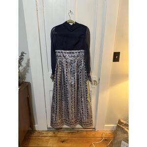 Black and Silver Embroidered Long Sleeve Midi Dress